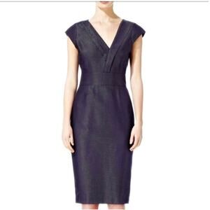 Reiss Sheath Midi Dress Womens Size 4 Karen Navy Blue Silver Micro Dots Shimmer